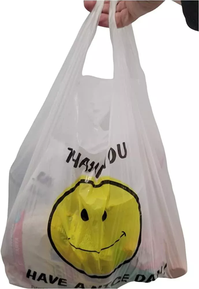 1-8-size-white-smiley-face-medium-duty-plastic-t-shirt-bag-case-310 1/8 Size White Smiley Face Medium-Duty Plastic T-Shirt Bag - Case of 310