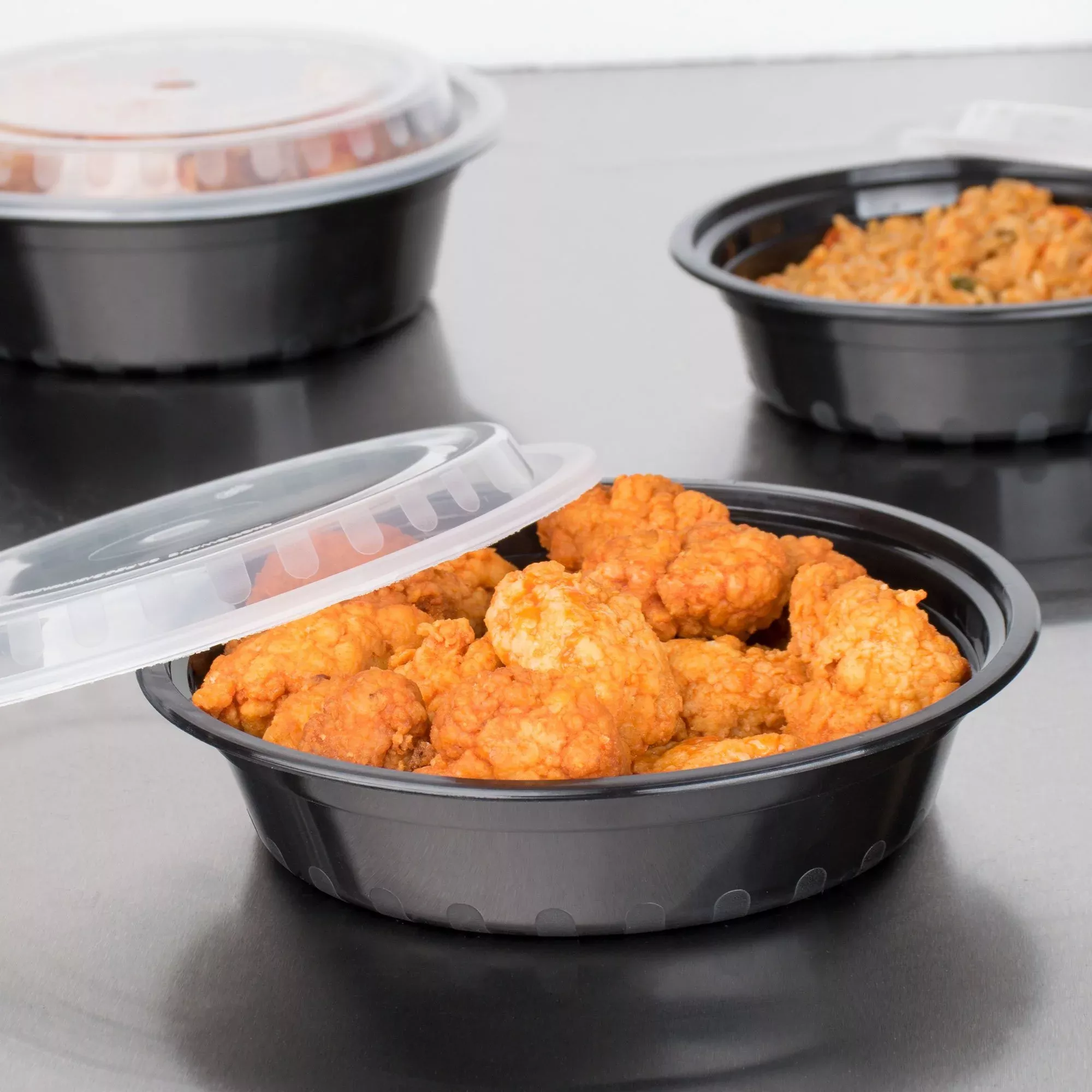 24oz-black-microwavable-take-out-container-w-lid-round-case-150 24oz Black Microwavable Take-Out Container w/ Lid, Round - Case of 150