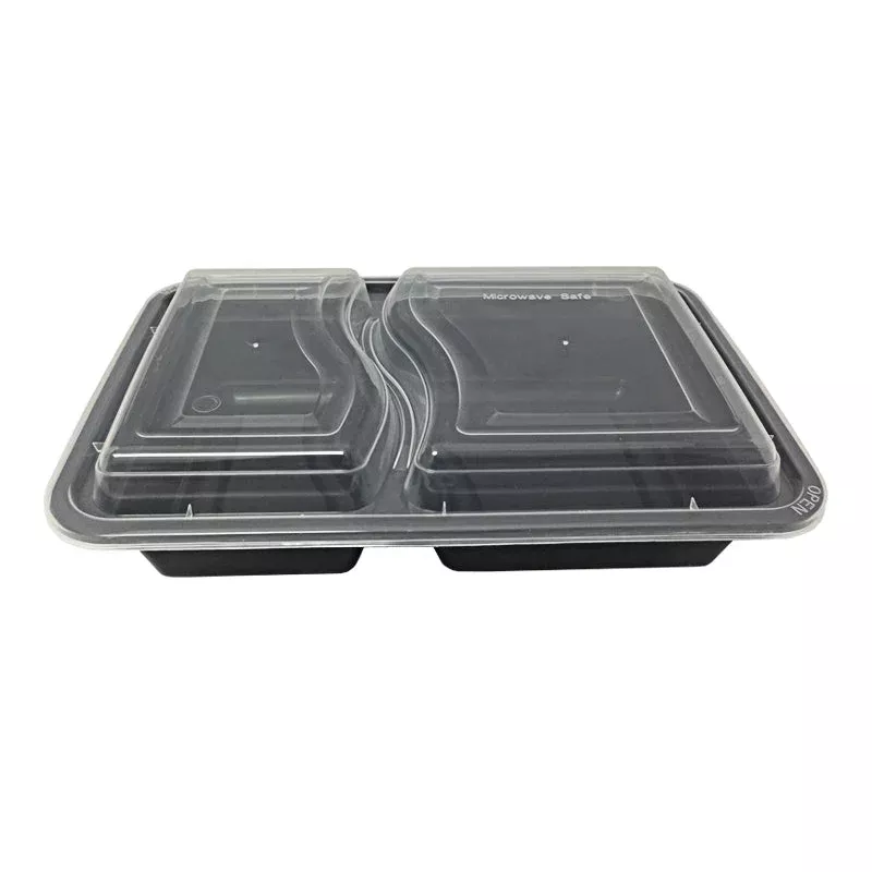 32-oz-rectangular-2-compartment-black-container-w-lid-combo-50-pk 32 oz. Rectangular 2-Compartment Black Container w/Lid Combo 50/PK