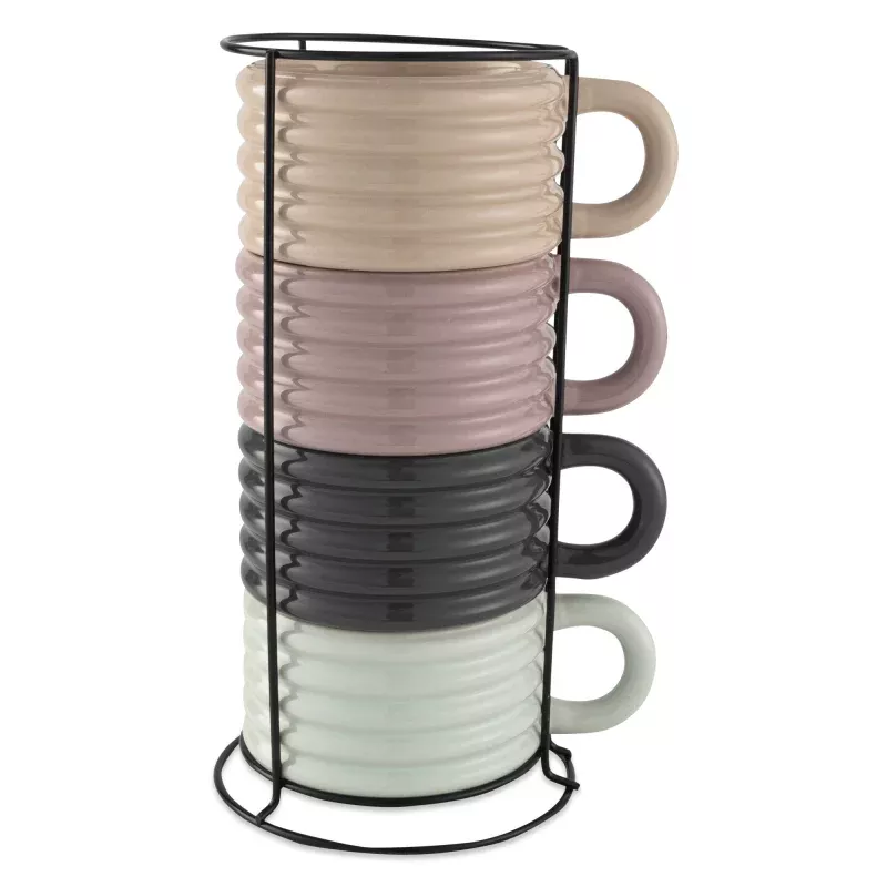 4-piece-ceramic-ribbed-stackable-mug-set-with-rack-12-fl-oz 4-piece Ceramic Ribbed Stackable Mug Set with Rack, 12 fl oz