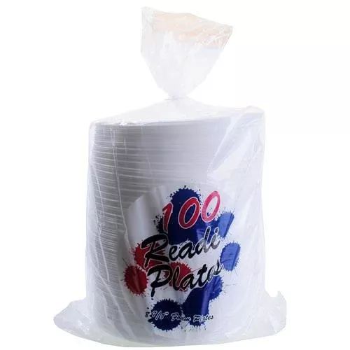 8-7/8" White Round Foam Plate, 100 Pack - Case of 16