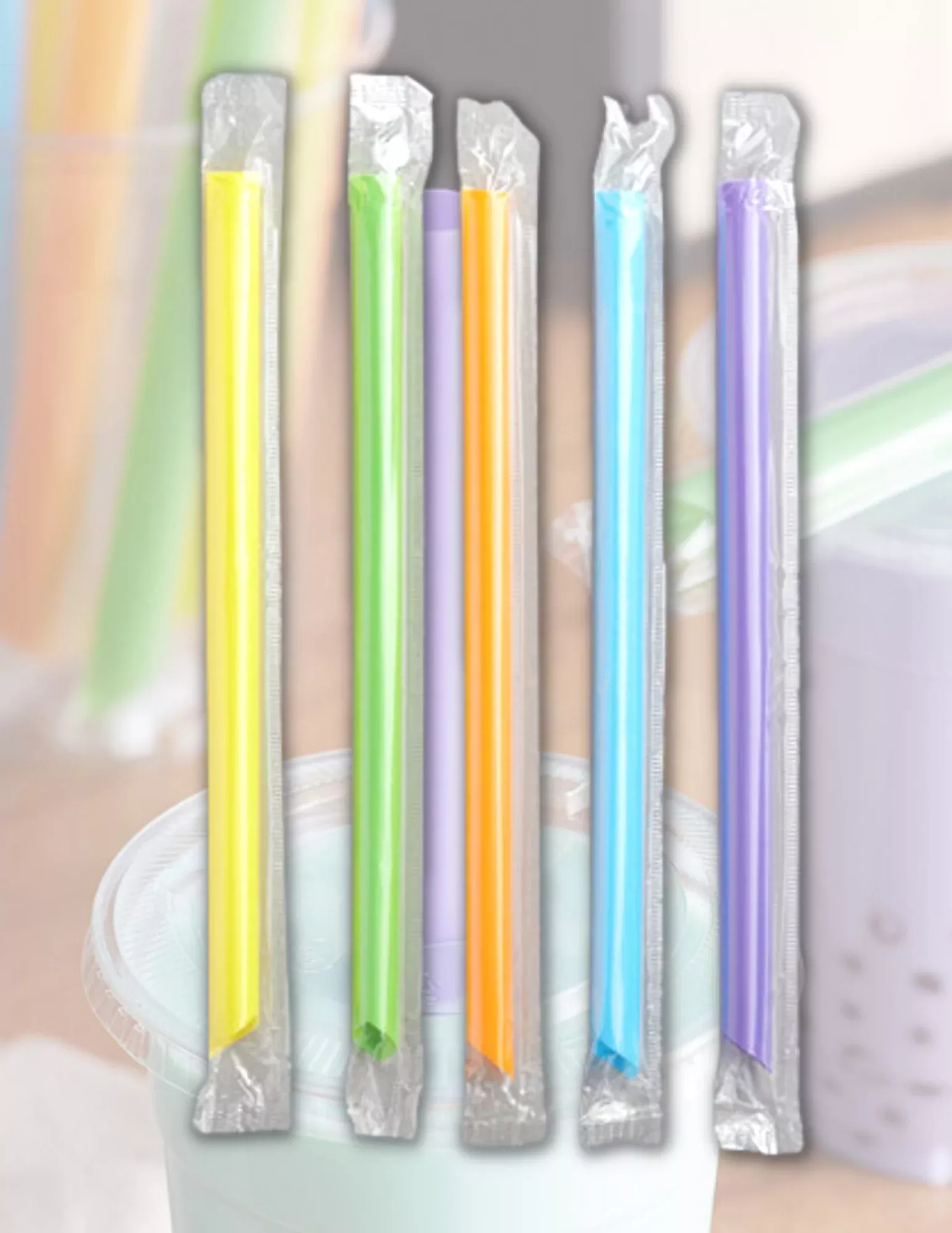 AFS - Individually Wrapped Plastic Boba Straws .39" x 7.5" 100 Pack, Assorted Colors - Case of 50 Packs