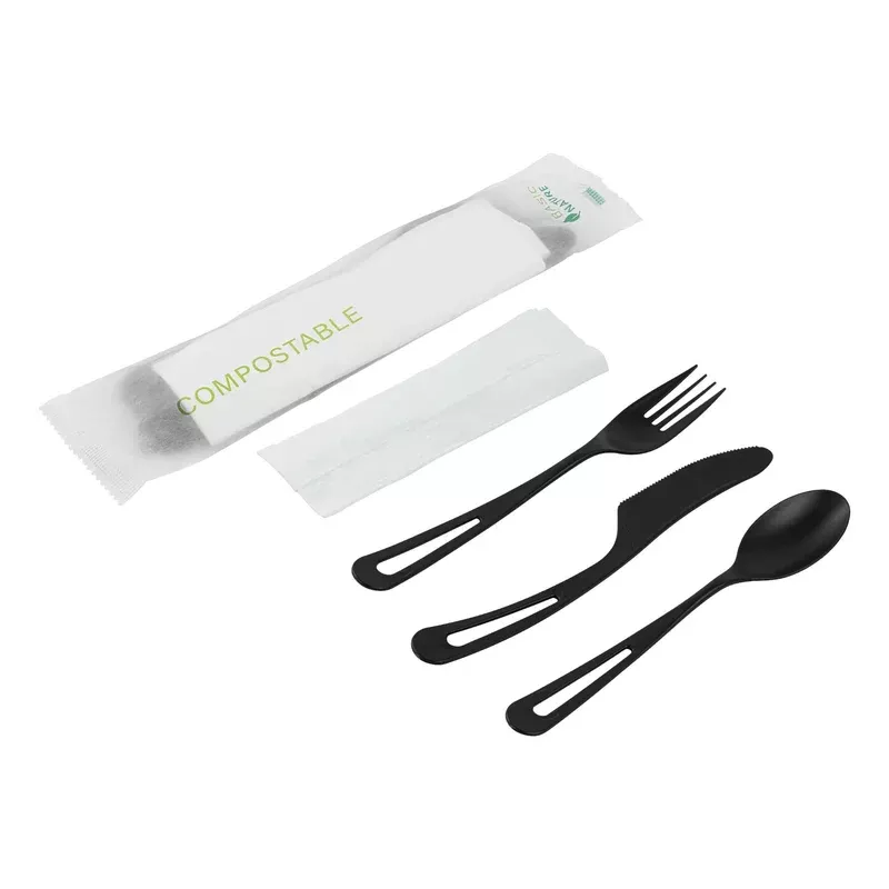 basic-nature-black-cpla-plastic-cutlery-set-compostable-wrapper-white-napkin-hea Basic Nature Black CPLA Plastic Cutlery Set – Compostable Wrapper White Napkin Heat-Resistant – 7 1/2″ – 100 count box