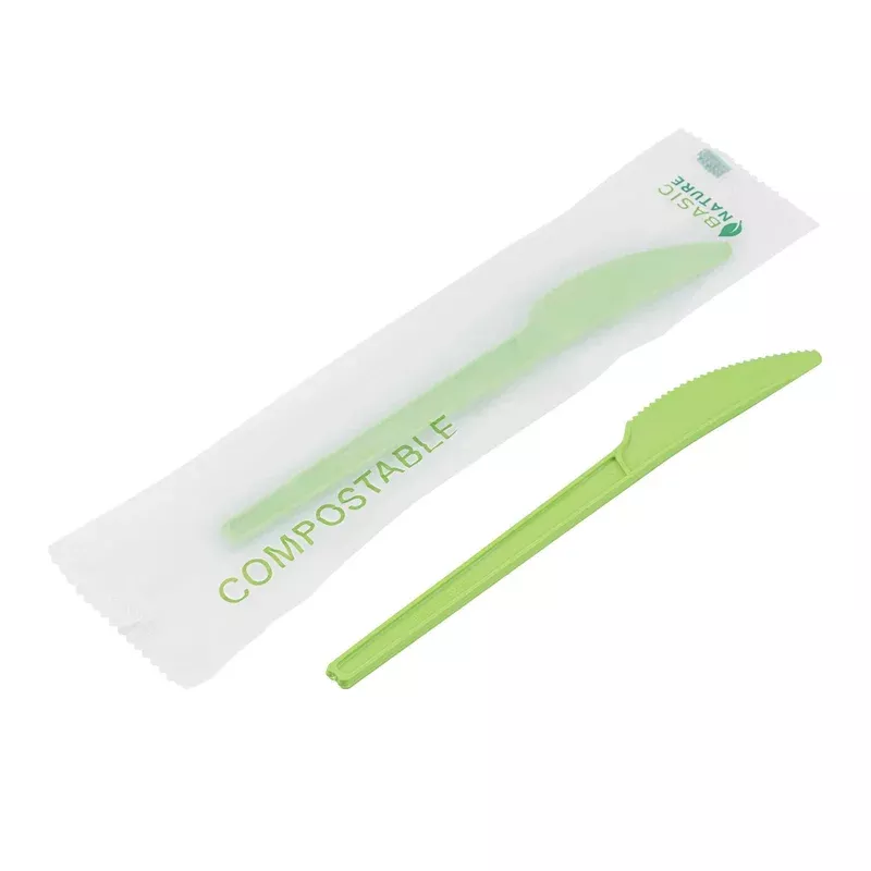 Basic Nature Green CPLA Plastic Knife – Compostable Wrapper Heat-Resistant – 6 1/2″ – 1000 count box