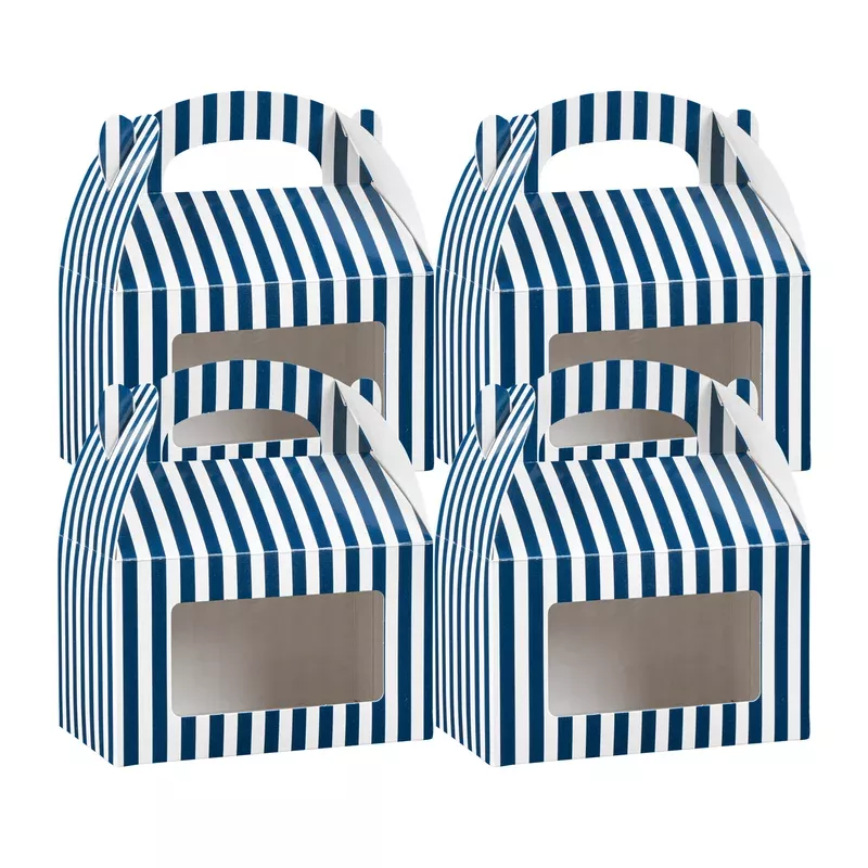 Bio Tek Blue & White Stripe Paper Gable Box / Take Out Container – with Window – 6″ x 3 1/2″ x 3 1/2″ – 100 count box
