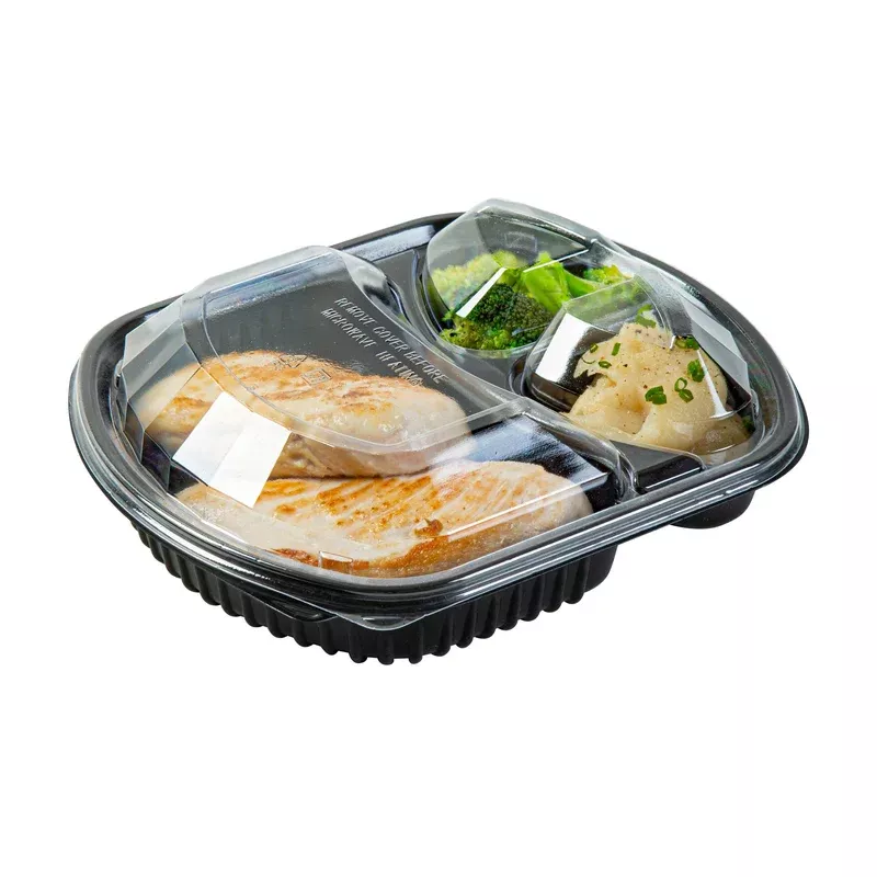chef-101-36-oz-rectangle-black-plastic-food-container-with-clear-lid-microwavabl Chef 101 36 oz Rectangle Black Plastic Food Container – with Clear Lid Microwavable 3 Compartments – 9 1/4″ x 8″ x 2 3/4″ – 100 count box