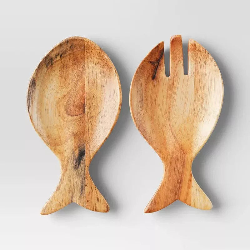 coastal-2pc-wooden-fish-shape-salad-serving-set Coastal 2pc Wooden Fish Shape Salad Serving Set