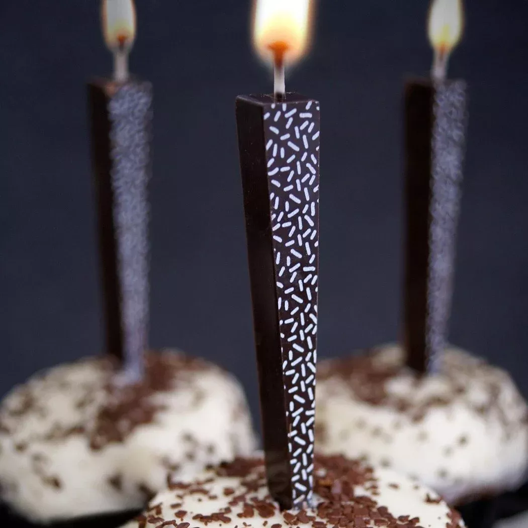 edible-dark-chocolate-candle-with-sprinkles-pattern Edible, Dark Chocolate Candle with Sprinkles Pattern