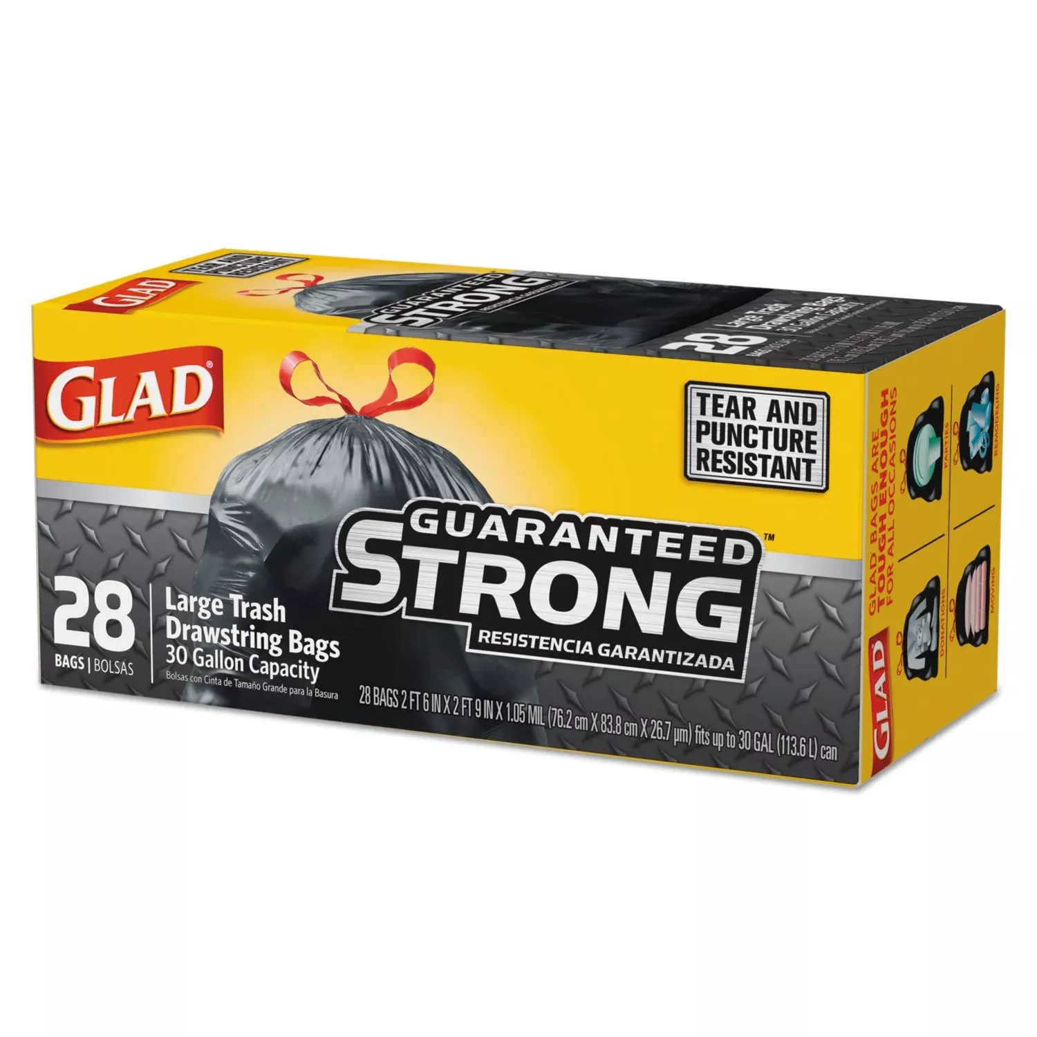 Glad - Large Drawstring Trash Bags, 30 Gallon, Black, 28 Pack - Case of 6