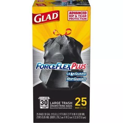 glad-large-drawstring-trash-bags-forceflexplus-30-gallon-black-25-pack-case-6 Glad - Large Drawstring Trash Bags ForceFlexPlus, 30 Gallon, Black, 25 Pack - Case of 6