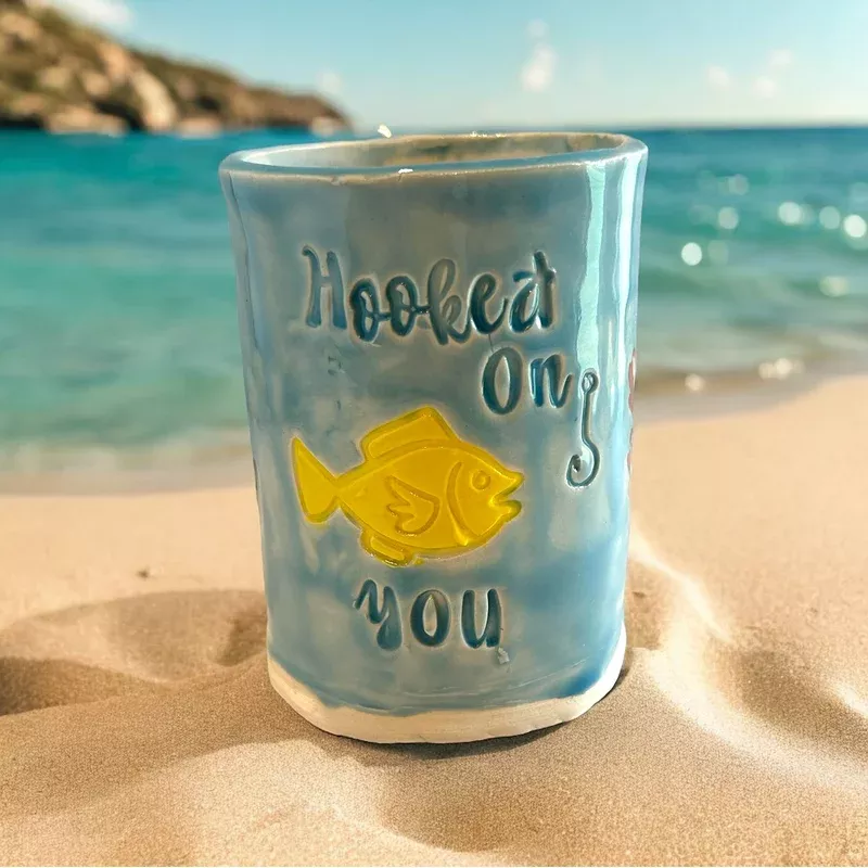 handbuilt-mug-10-with-stamped-hooked-on-you-design Handbuilt Mug #10 with Stamped Hooked on You Design