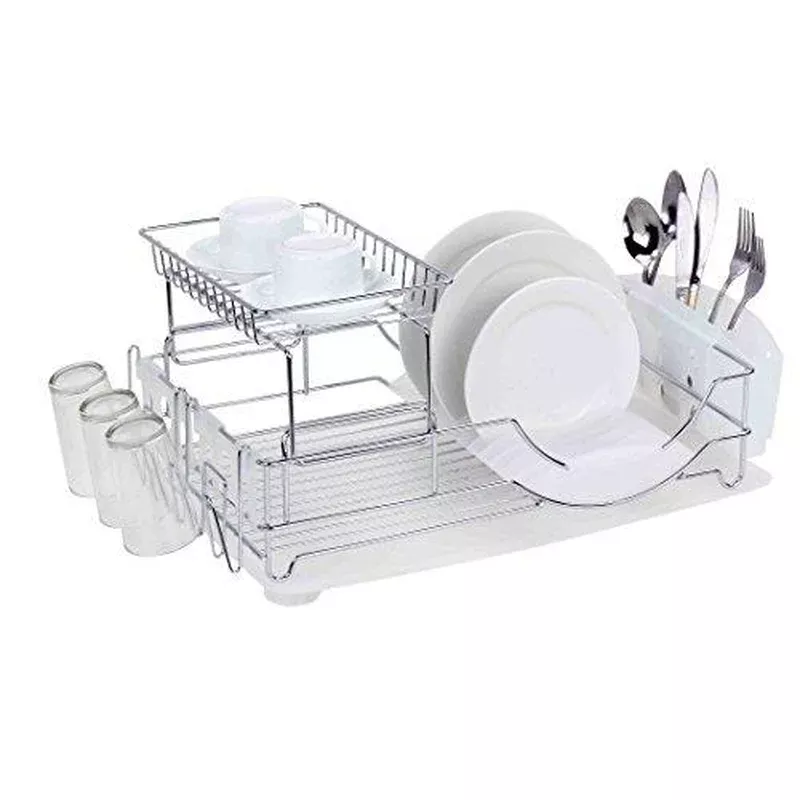 home-basics-dd30465-deluxe-2-tier-dish-rack-drainer-white Home Basics DD30465 Deluxe 2-Tier Dish Rack and Drainer White