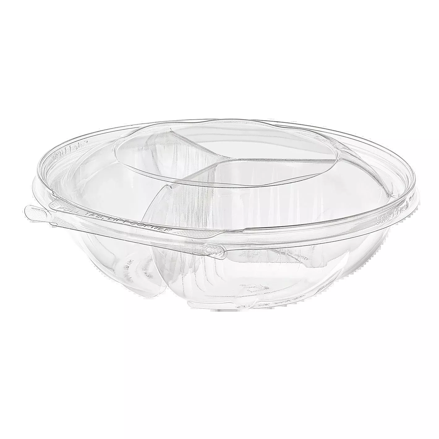 inline-plastics-safe-t-fresh-52-oz-3-compartment-tamper-resistant-tamper-evident Inline Plastics Safe-T-Fresh 52 oz. 3-Compartment Tamper-Resistant, Tamper-Evident Round Hinged Container with Dome Lid - 100/Case