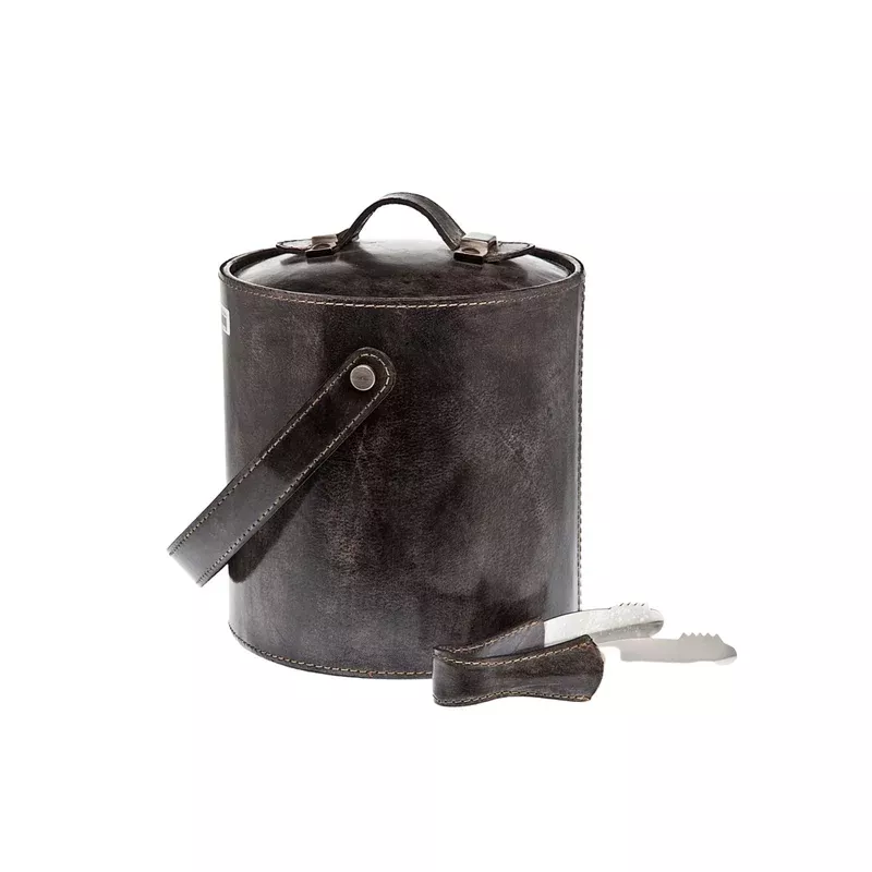 leather-ice-bucket-with-tongs Leather Ice Bucket with Tongs