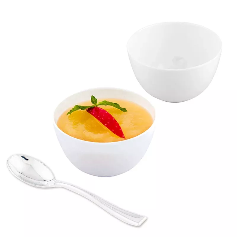 Mini Serve 100 4 oz Round White Plastic Bodega Cups and 100 Silver Plastic 4″ Mini Spoons