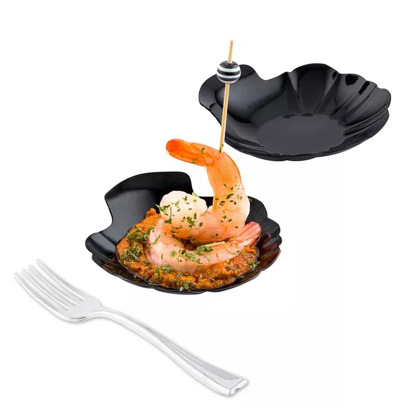 mini-serve-100-black-plastic-3-25-shell-plates-100-silver-plastic-4-mini-forks Mini Serve 100 Black Plastic 3.25″ Shell Plates and 100 Silver Plastic 4″ Mini Forks