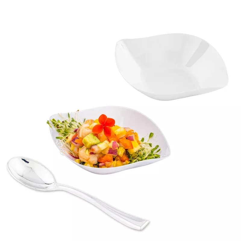mini-serve-100-white-plastic-3-5-comma-plates-100-silver-plastic-4-mini-spoons Mini Serve 100 White Plastic 3.5″ Comma Plates and 100 Silver Plastic 4″ Mini Spoons