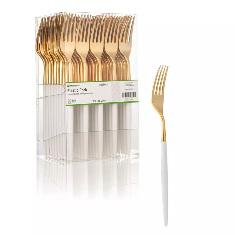 Moderna Gold Plastic Fork – with White Handle – 7 1/2″ – 500 count box