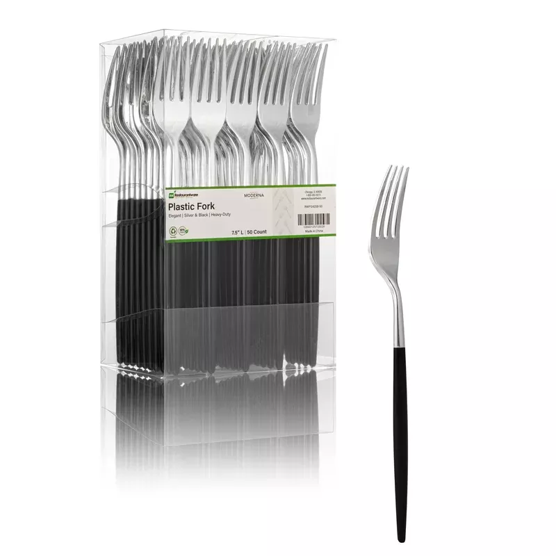 moderna-silver-plastic-fork-with-black-handle-7-1-2-500-count-box Moderna Silver Plastic Fork – with Black Handle – 7 1/2″ – 500 count box