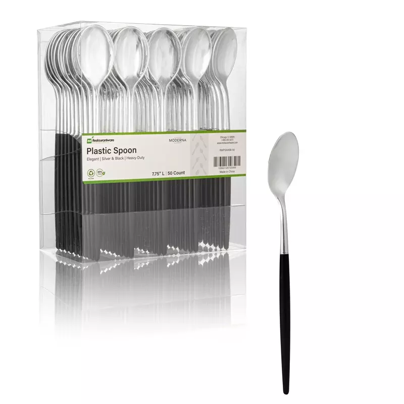 moderna-silver-plastic-spoon-with-black-handle-7-3-4-50-count-box Moderna Silver Plastic Spoon – with Black Handle – 7 3/4″ – 50 count box