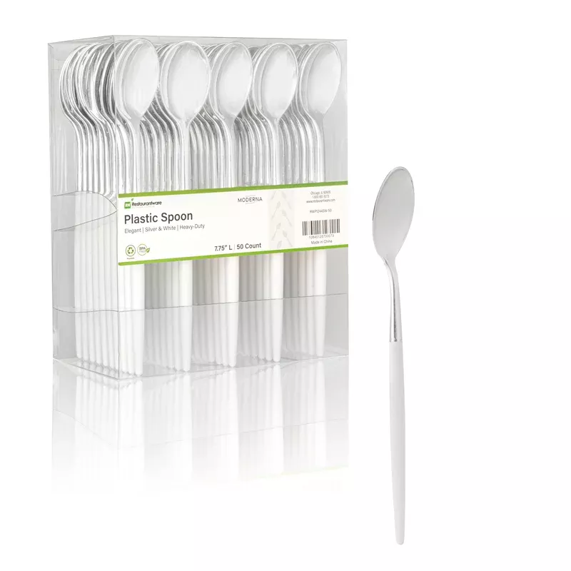 moderna-silver-plastic-spoon-with-white-handle-7-3-4-500-count-box Moderna Silver Plastic Spoon – with White Handle – 7 3/4″ – 500 count box