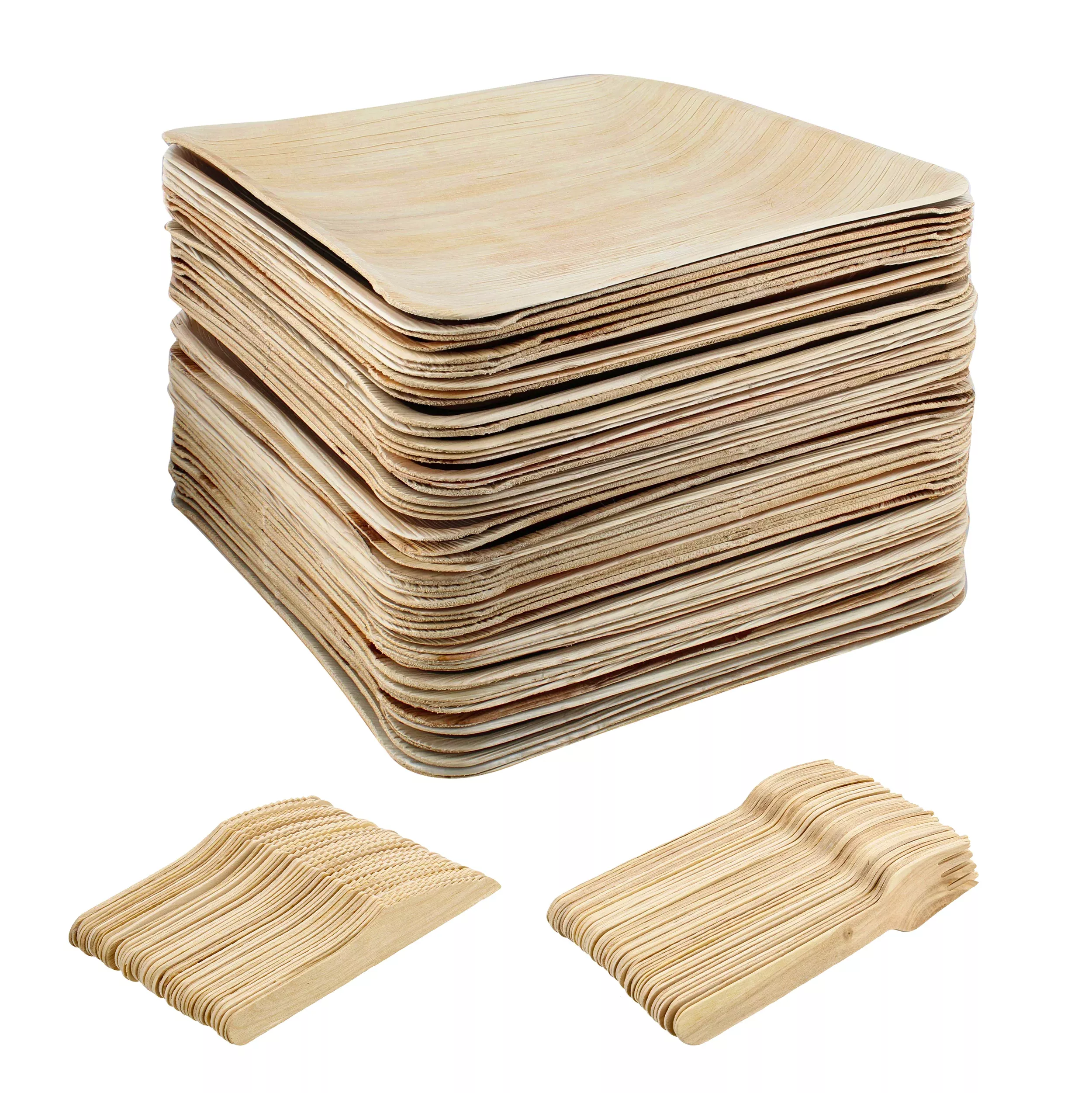 palm-leaf-plates-square-biodegradable-plates-cutlery-150pc Palm Leaf Plates - Square Biodegradable Plates and Cutlery, 150pc