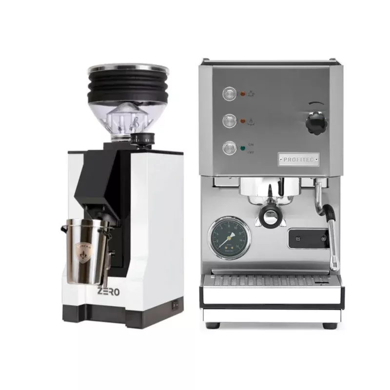 profitec-go-stainless-steel-eureka-mignon-zero-w-black-spout-white-bundle Profitec Go (Stainless Steel) & Eureka Mignon Zero w/Black Spout (White) – Bundle