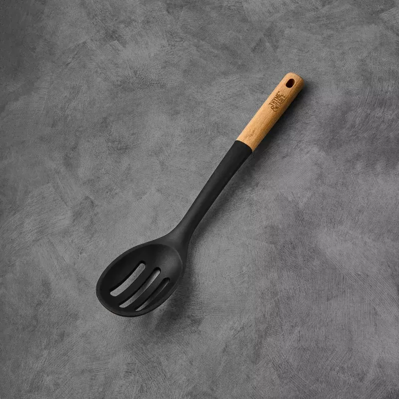 silicone-slotted-spoon-with-beechwood-handle-black Silicone Slotted Spoon with Beechwood Handle, Black