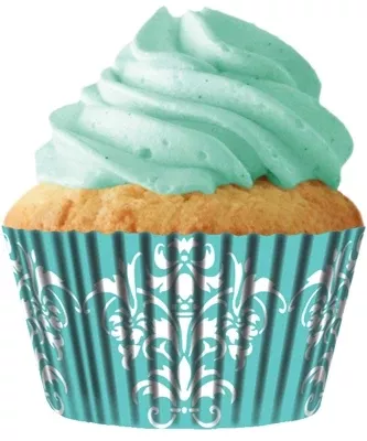 Standard Turquoise Damask Grease Proof Cupcake Liners
