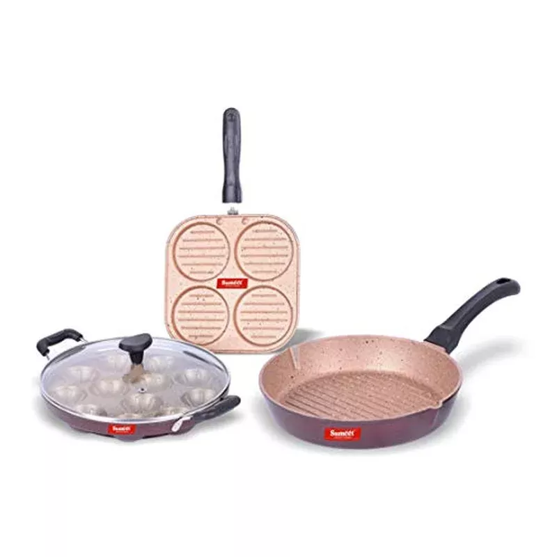 sumeet-nonstick-granite-finish-grim-3pc-kitchen-set-mini-multi-snack-maker-4-cav Sumeet Nonstick Granite Finish Grim 3pc Kitchen Set (Mini Multi Snack Maker – 4 Cavity – 19.5cm Dia + Grill Appam Patra with Glass Lid – 12 Cavity – 23cm Dia + Round Grill Pan 25.5cm Dia)