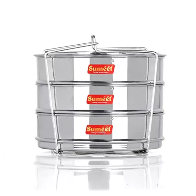 sumeet-stainless-steel-flat-stackable-container-separator-with-lid-lifter-suitab Sumeet Stainless Steel Flat Stackable Container/Separator with Lid and Lifter Suitable for 7.5 LTR Outer Lid Cooker