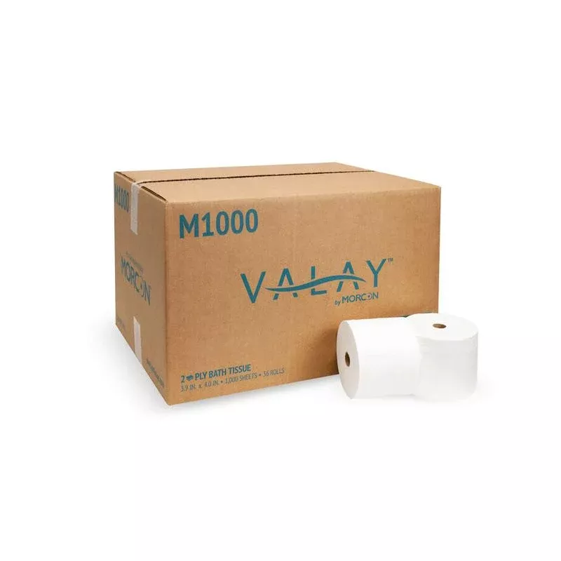 VALAY M1000 - Small Core Bathroom Tissue, 2-Ply, 1000 Sheet Rolls - Case of 36