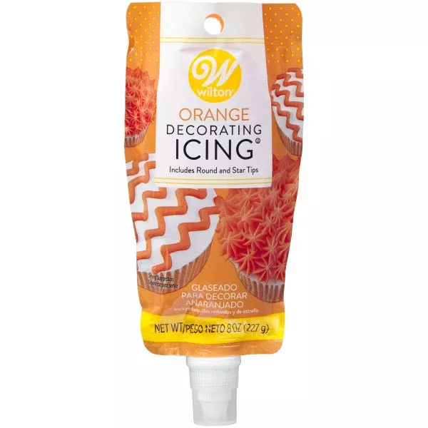 wilton-orange-buttercream-icing-pouch-with-star-round-tips-8-oz Wilton Orange Buttercream Icing Pouch with Star and Round Tips, 8 oz.